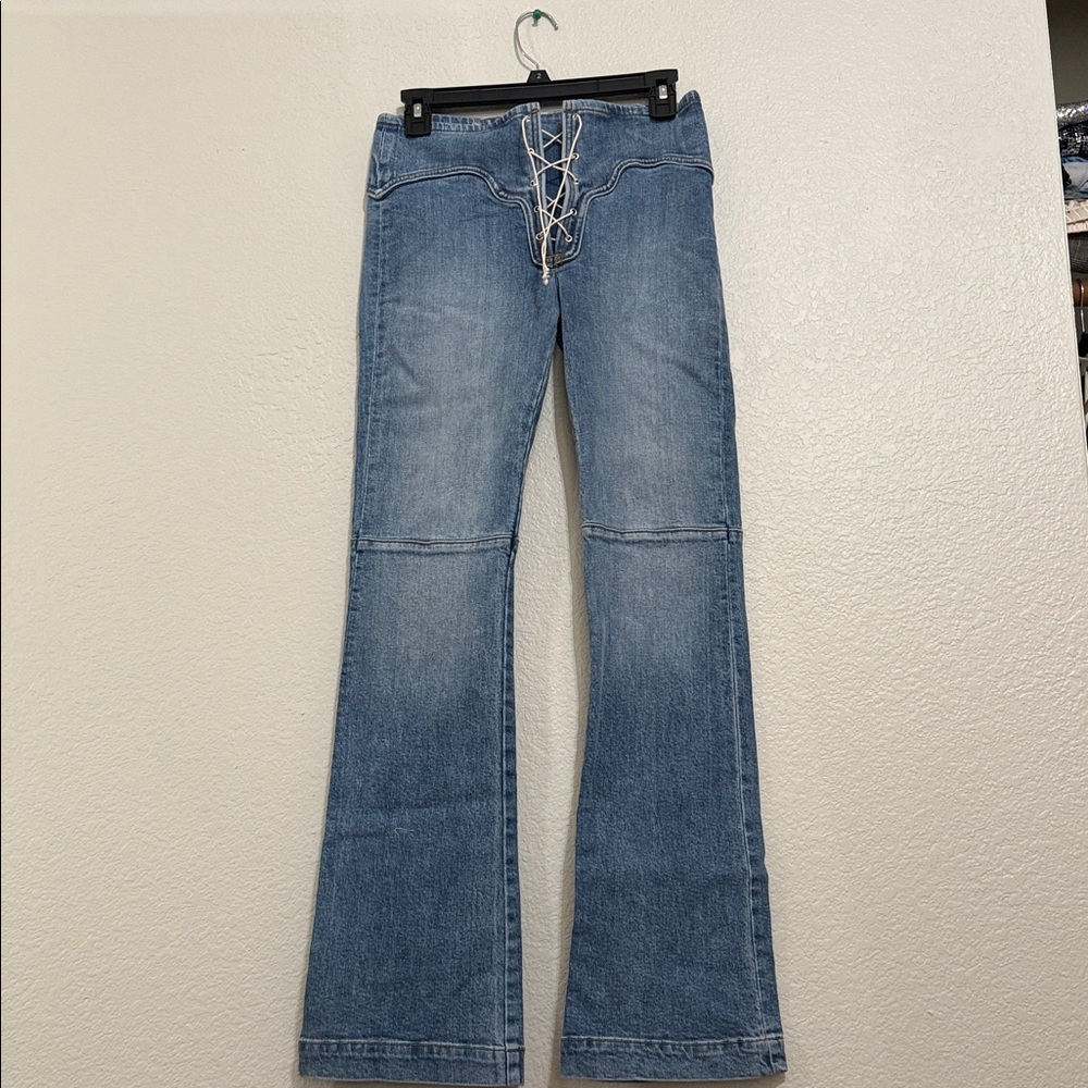 REVICE Women's Light Blue Flare Jeans with Lace-Up Front